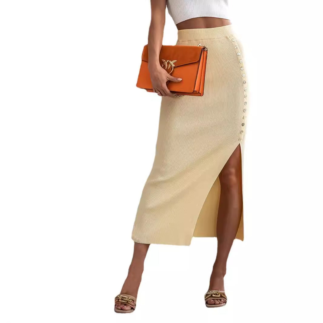 Ribbed Side Slit Bittons Midi Skirt