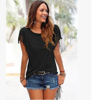 Round Neck Short Sleeve Cuffs Tassel T-shirt
