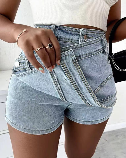 Denim Shorts Stretch Overlap Waist Wrap Street Fashion