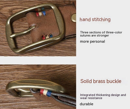 Thick Pure Copper Pin Buckle Male Genuine Cattlehide Leather Surface Retro Belt