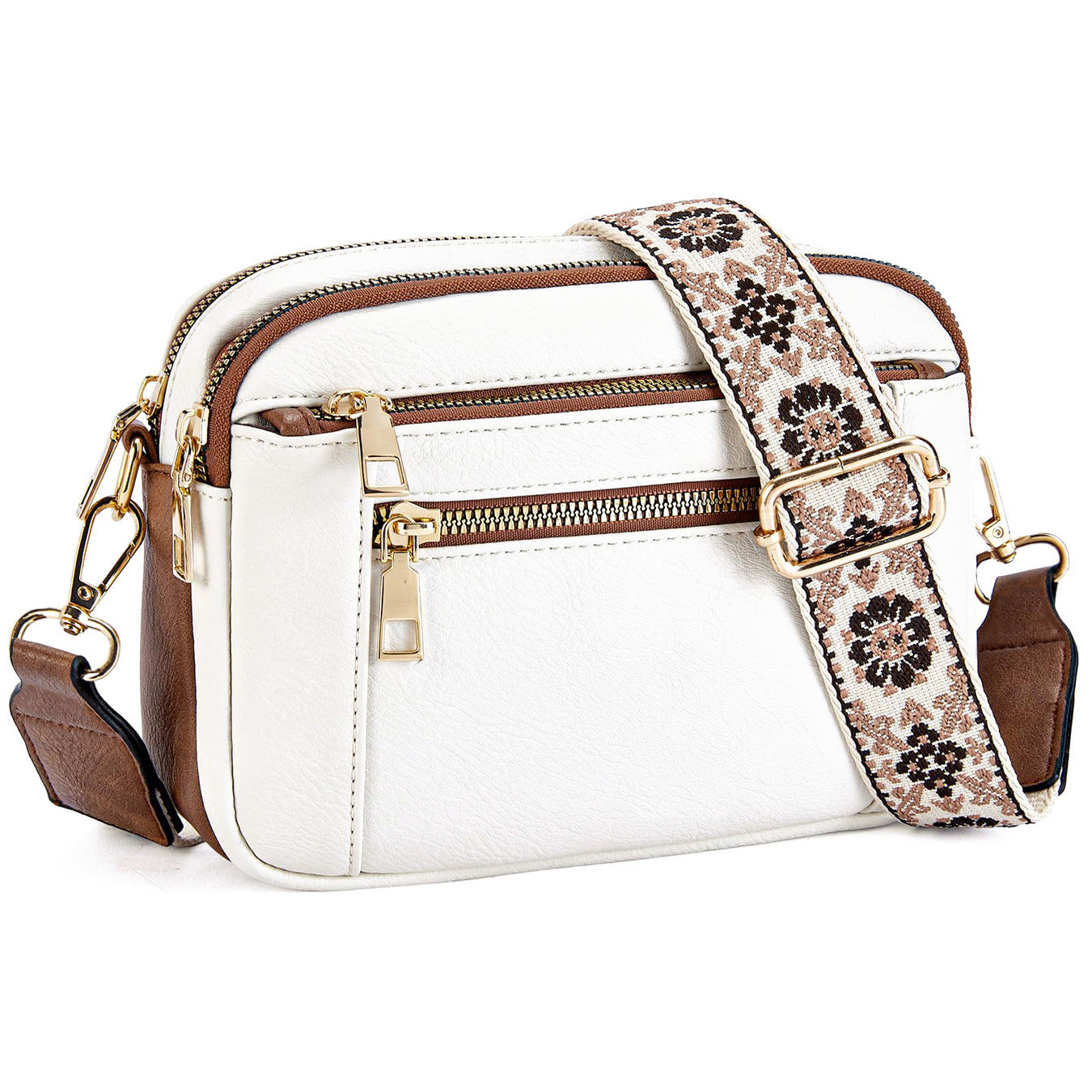 Shoulder Bag Triple-zipper With Embroidered Floral Straps Multi-functional Crossbody Bags