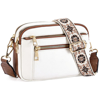Shoulder Bag Triple-zipper With Embroidered Floral Straps Multi-functional Crossbody Bags