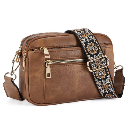 Shoulder Bag Triple-zipper With Embroidered Floral Straps Multi-functional Crossbody Bags