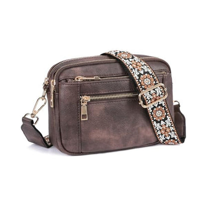 Shoulder Bag Triple-zipper With Embroidered Floral Straps Multi-functional Crossbody Bags