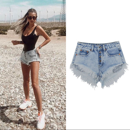 High Waist Worn Style Denim Shorts Hot Shorts