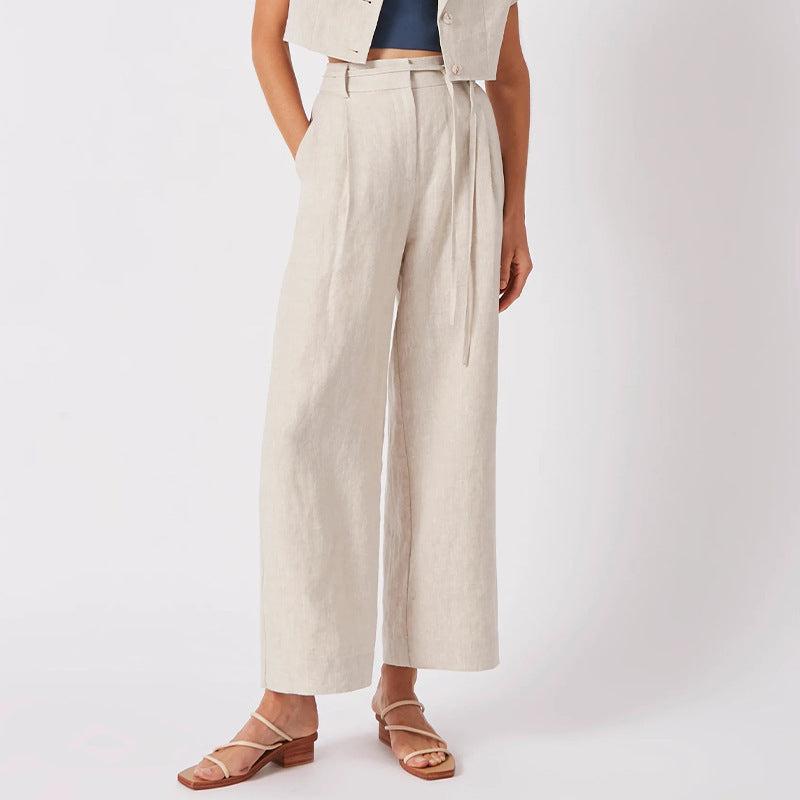 High Waist Pure Linen Lace-up Cropped Pants