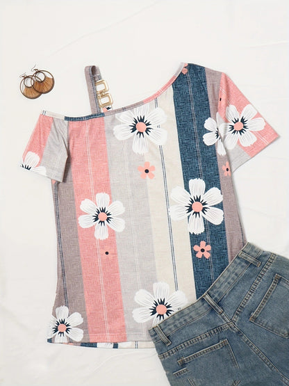 Flower Print Button Knitted Short-sleeved T-shirt