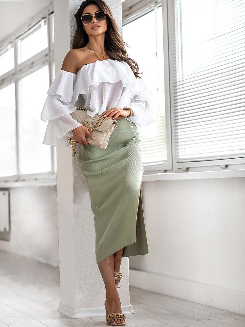 Ribbed Side Slit Bittons Midi Skirt
