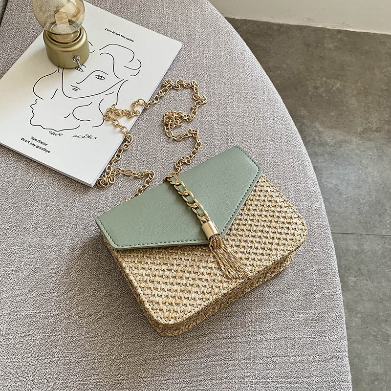 Straw woven shoulder chain bag