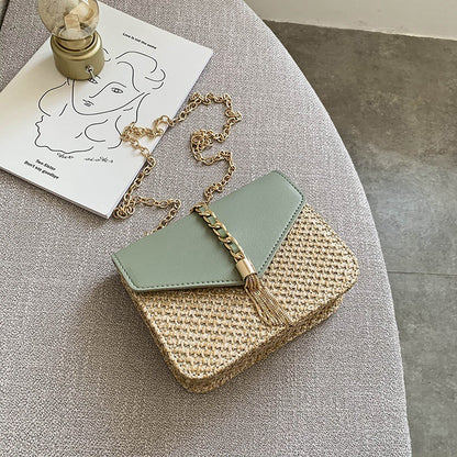 Straw woven shoulder chain bag