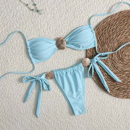 Metal Shell 2pcs Bikini High Waist Lace-up