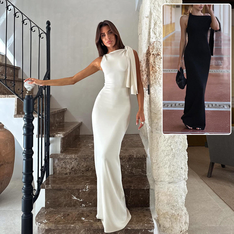 One-shoulder Ribbon Maxi Dress Slim Sleeveless Dress