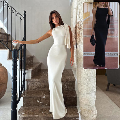 One-shoulder Ribbon Maxi Dress Slim Sleeveless Dress