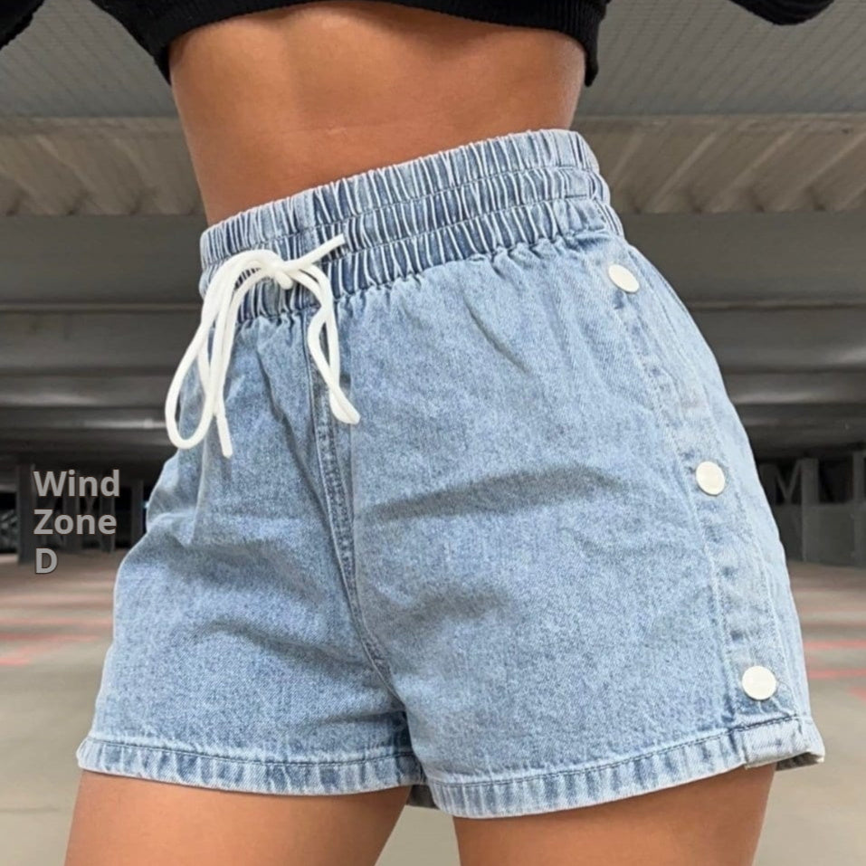 Elastic Waist Casual Denim Shorts Solid Color