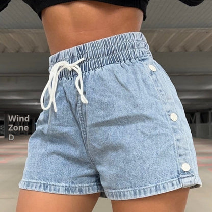 Elastic Waist Casual Denim Shorts Solid Color