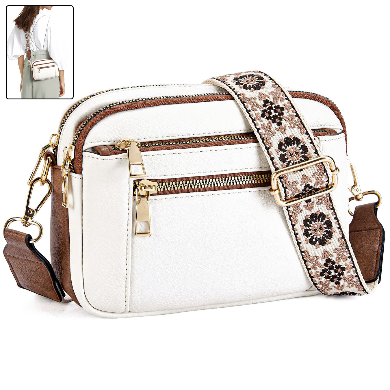 Shoulder Bag Triple-zipper With Embroidered Floral Straps Multi-functional Crossbody Bags