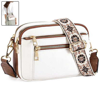 Shoulder Bag Triple-zipper With Embroidered Floral Straps Multi-functional Crossbody Bags