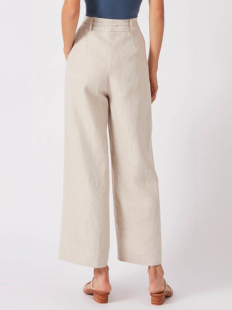 High Waist Pure Linen Lace-up Cropped Pants