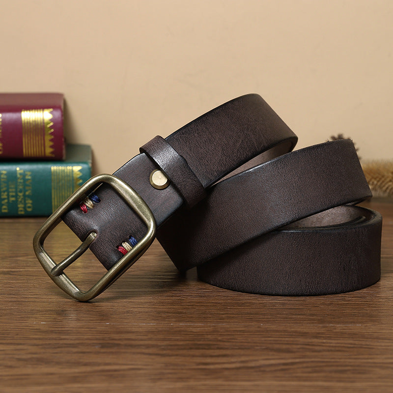 Thick Pure Copper Pin Buckle Male Genuine Cattlehide Leather Surface Retro Belt