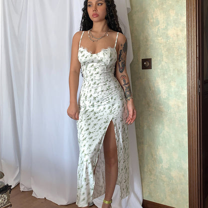 Lace Flower Print Long Dress Side Slit Suspender Dress