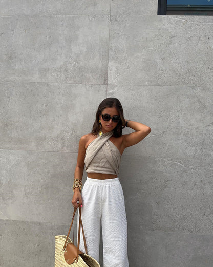 Open Back Vest Linen Blend Top Cross Straps