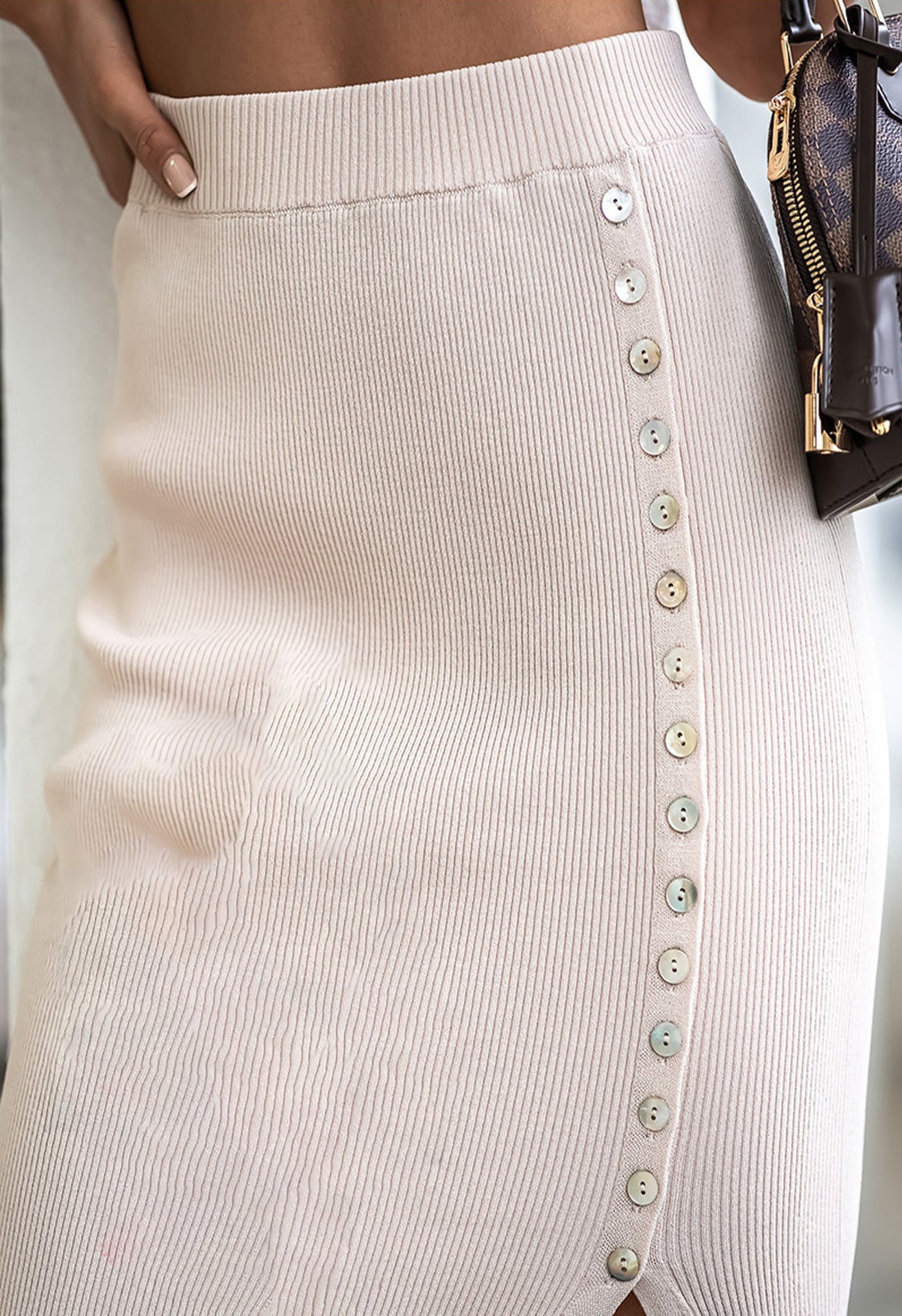 Ribbed Side Slit Bittons Midi Skirt