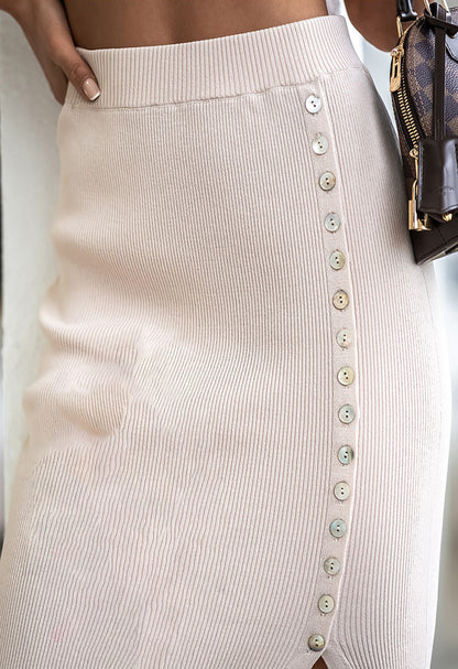Ribbed Side Slit Bittons Midi Skirt