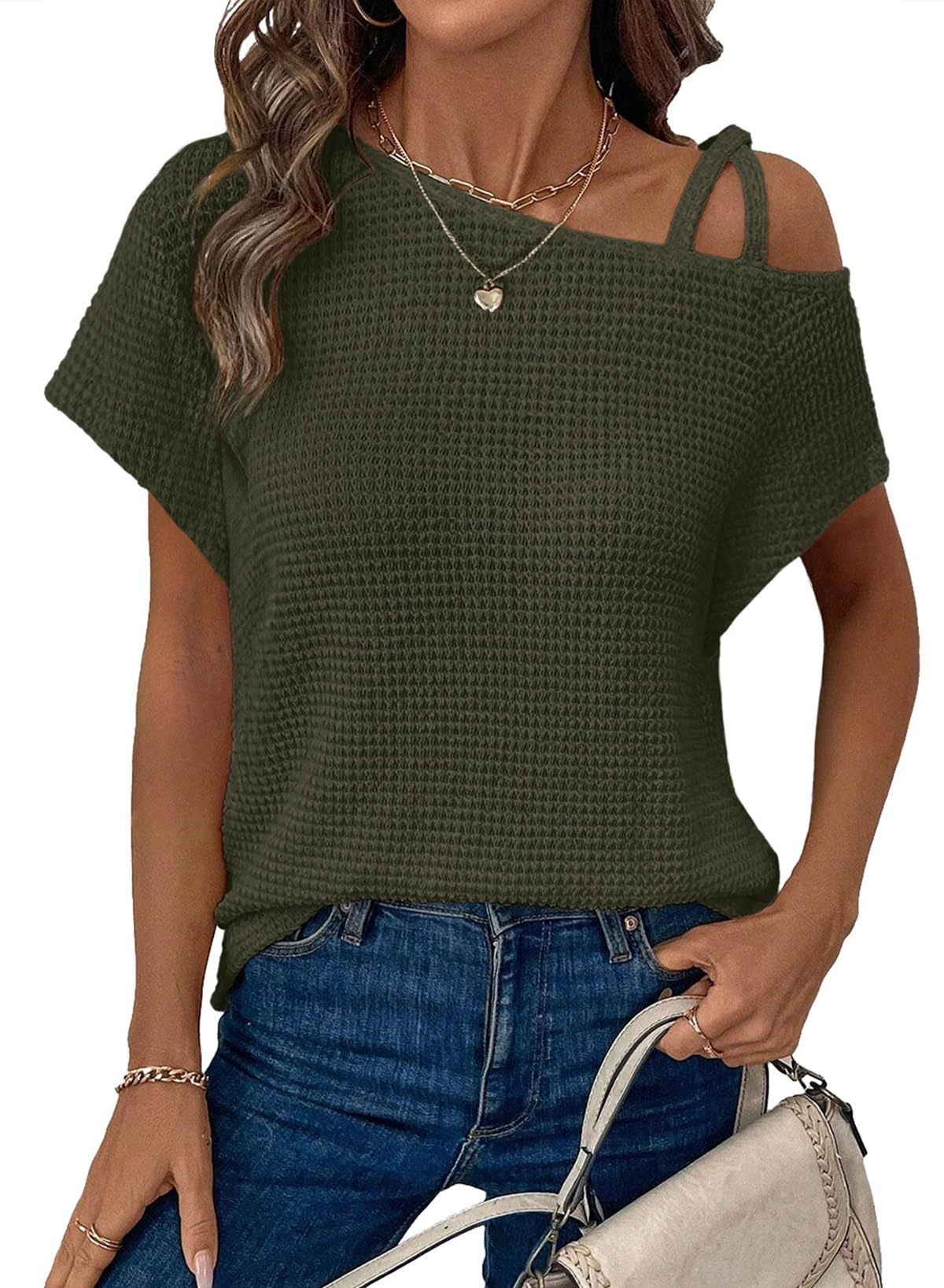 Short-sleeved Knitted Solid Color Womens Top Off-shoulder