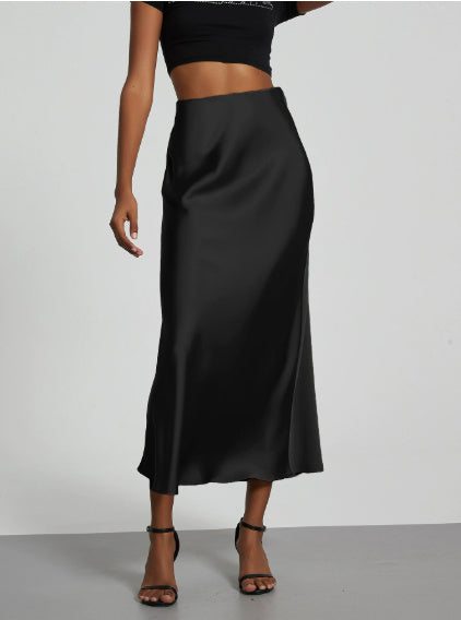 Slim Fit Satin Skirt Solid Color Long Skirt