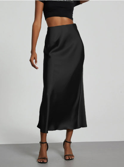 Slim Fit Satin Skirt Solid Color Long Skirt