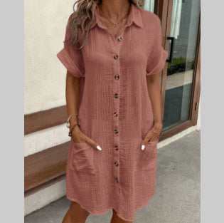 Short Sleeve Shirt Dress Solid Color Mid-length Loose Dress