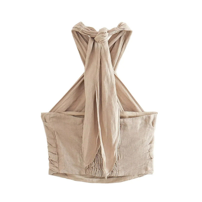 Open Back Vest Linen Blend Top Cross Straps