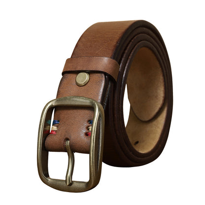 Thick Pure Copper Pin Buckle Male Genuine Cattlehide Leather Surface Retro Belt