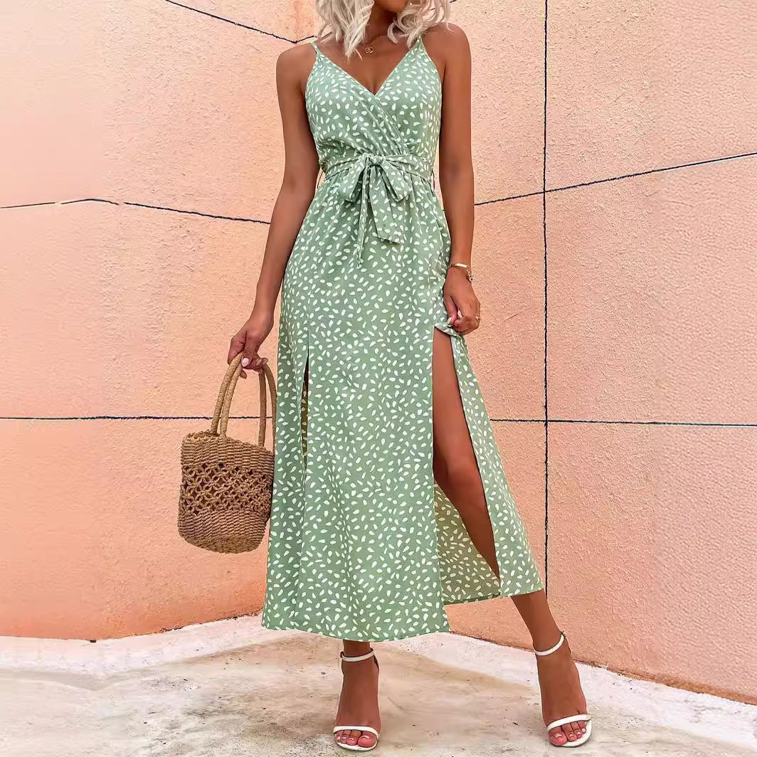 V-neck Suspender Floral Lace-up Long Dress