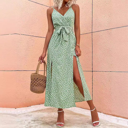 V-neck Suspender Floral Lace-up Long Dress