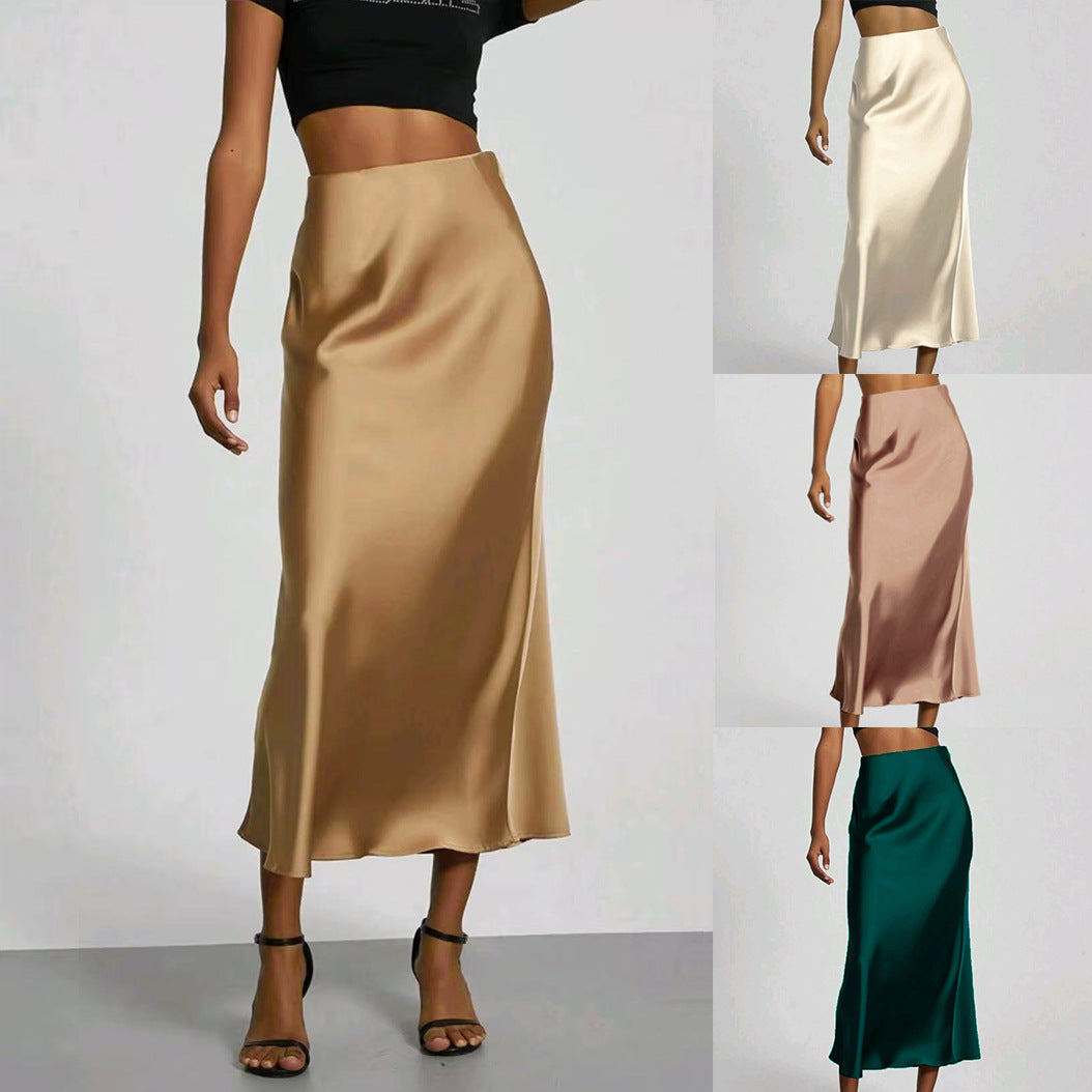 Slim Fit Satin Skirt Solid Color Long Skirt