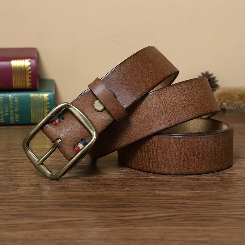 Thick Pure Copper Pin Buckle Male Genuine Cattlehide Leather Surface Retro Belt