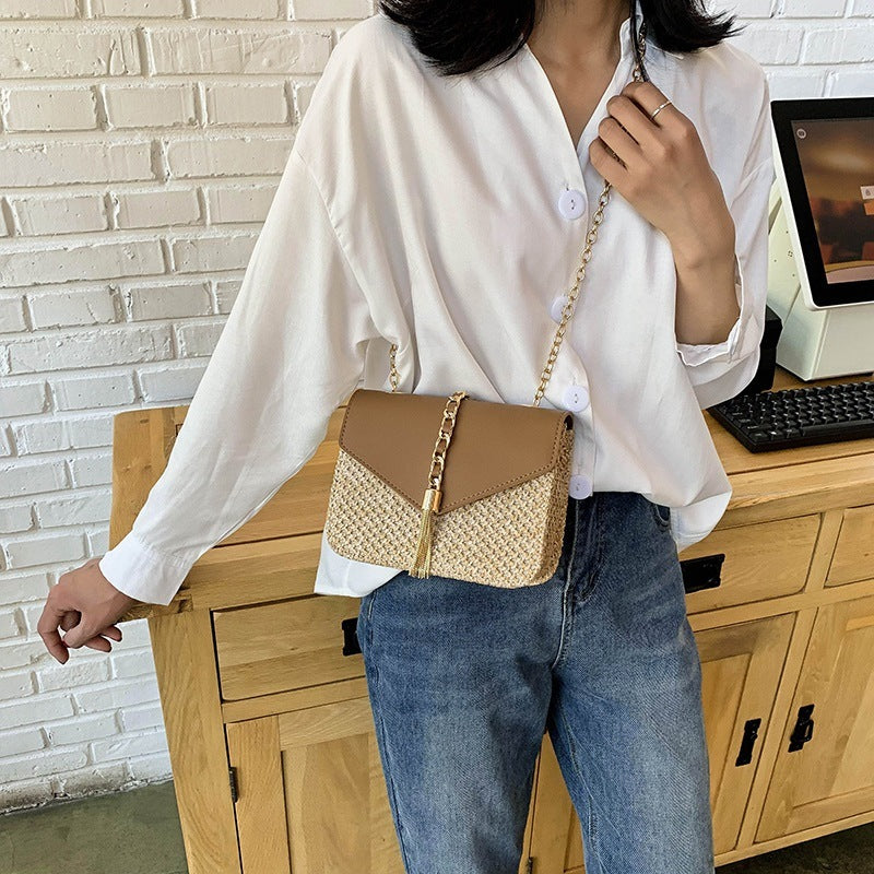 Straw woven shoulder chain bag
