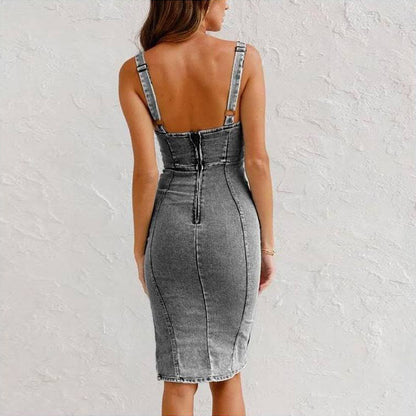 Suspender Denim Dress Casual Slim Fit Side Slit