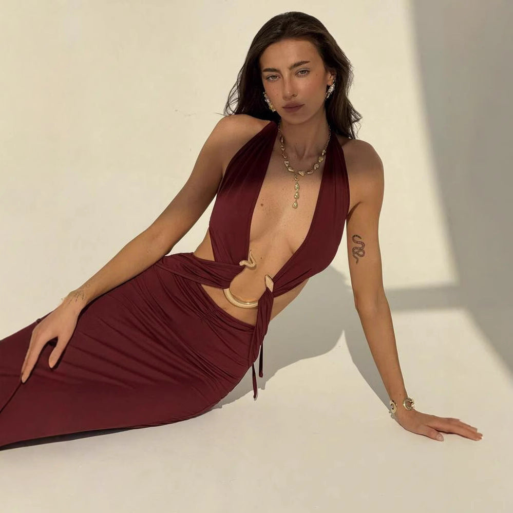 New Women's Sexy Hot Girl Halter Deep V-neck Dew Dress