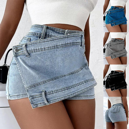 Denim Shorts Stretch Overlap Waist Wrap Street Fashion