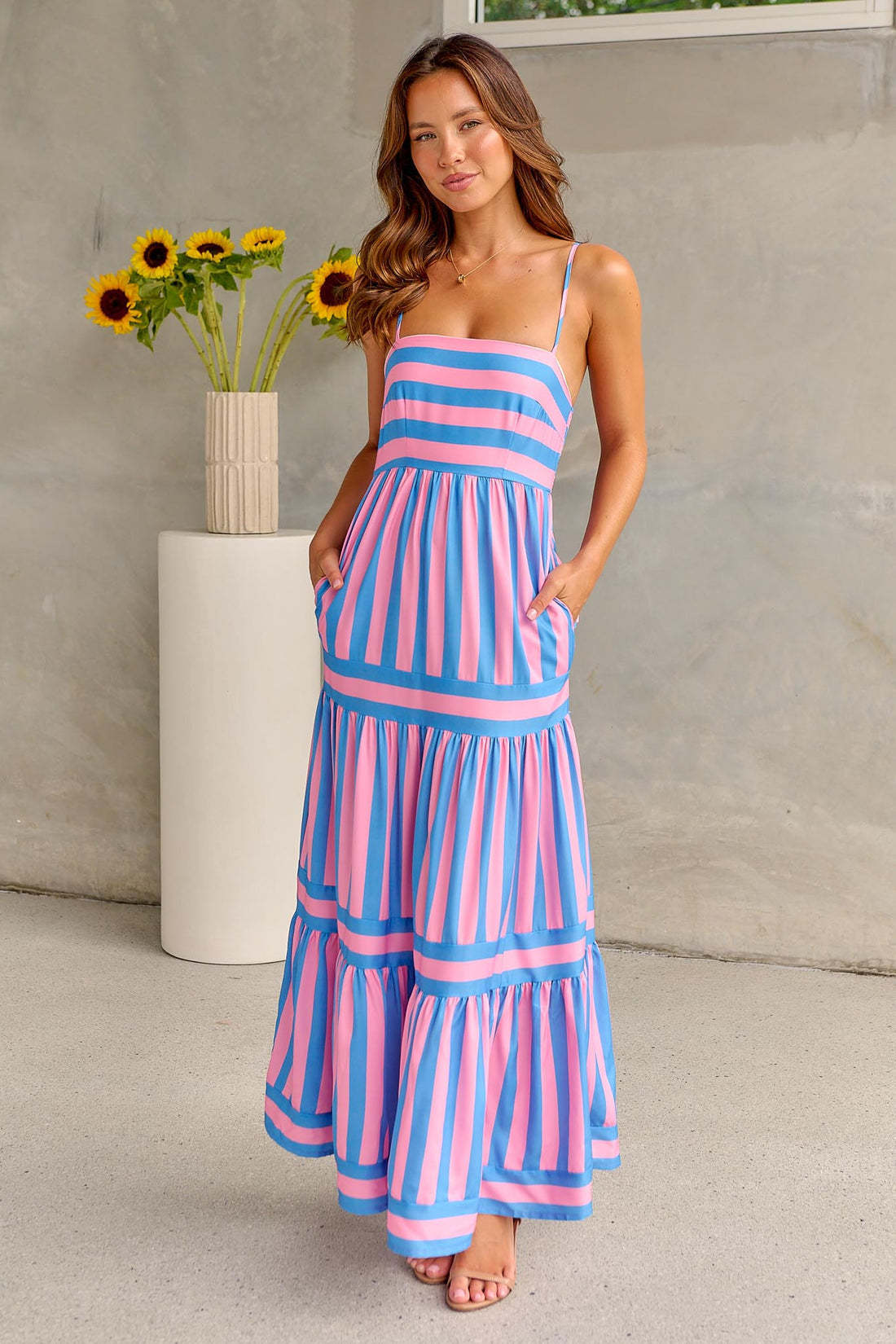 Striped Suspender Long Dress With Pockets Square Neck Backless Dresses