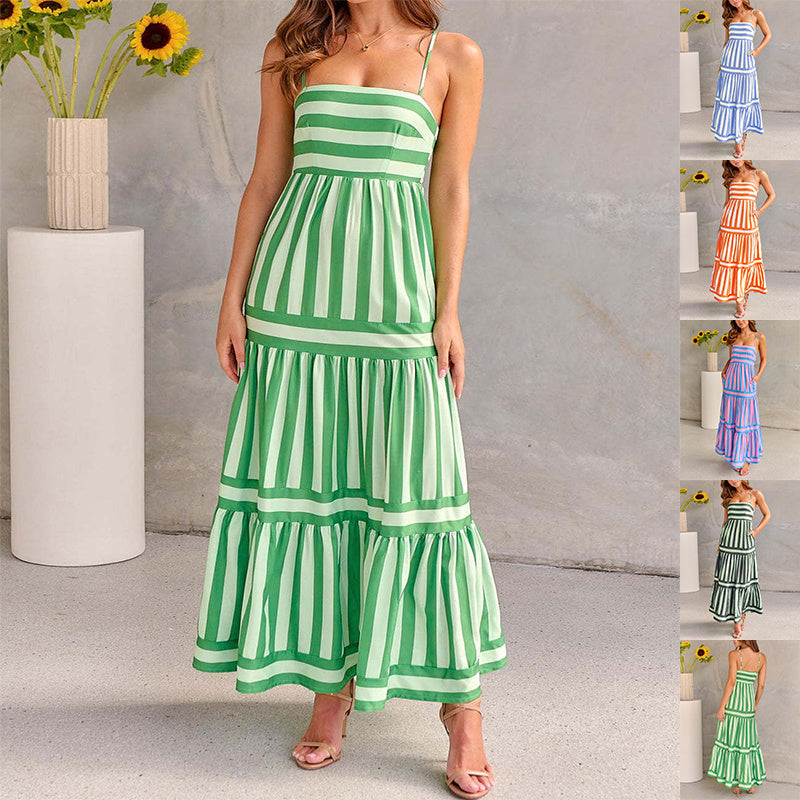 Striped Suspender Long Dress With Pockets Square Neck Backless Dresses