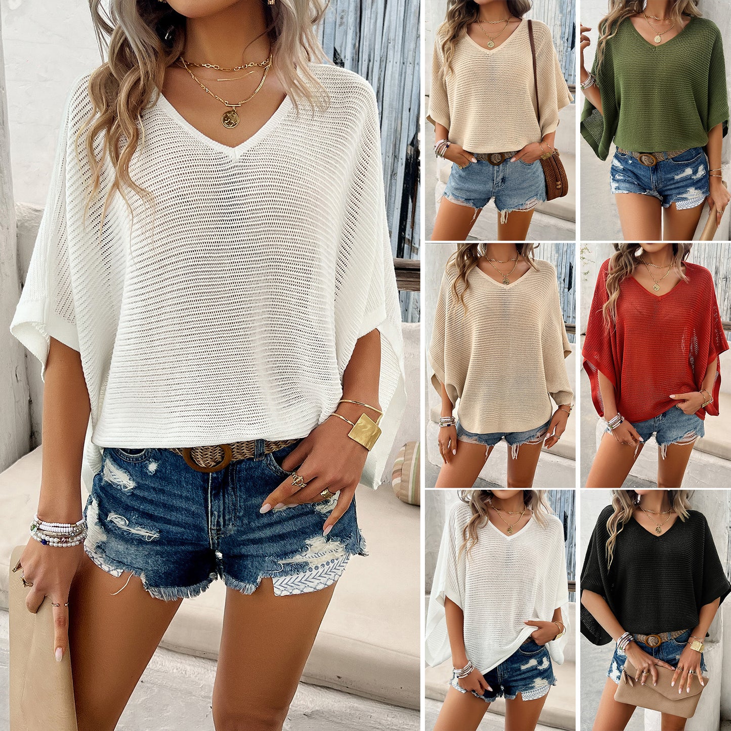 Bat Sleeve V-Neck Top Casual Loose Hollow Sweater
