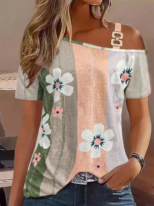 Flower Print Button Knitted Short-sleeved T-shirt