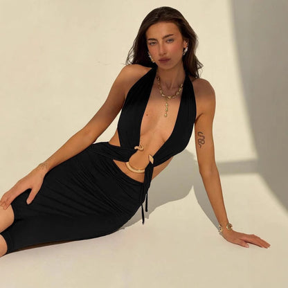 New Women's Sexy Hot Girl Halter Deep V-neck Dew Dress
