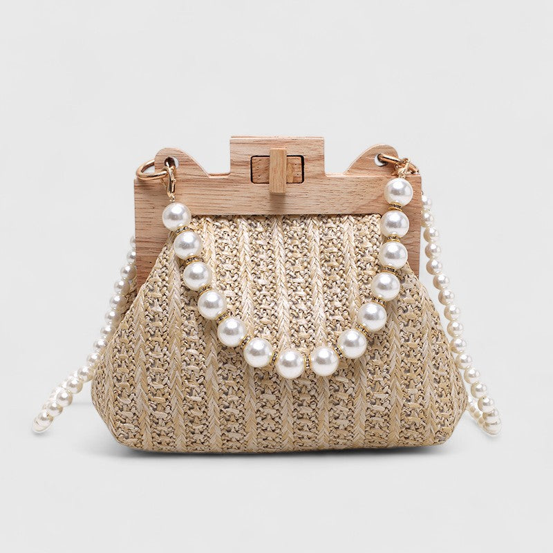 Straw Beach Pearl Chain Woven Shoulder Bag