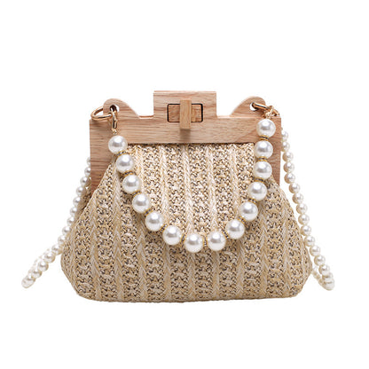 Straw Beach Pearl Chain Woven Shoulder Bag