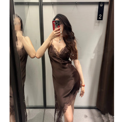 Silk Texture Lace Asymmetric Sling Dress