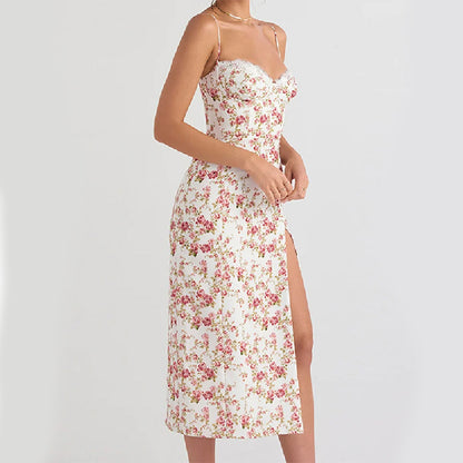 Lace Flower Print Long Dress Side Slit Suspender Dress